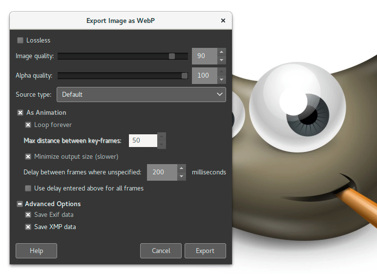 WebP exporting in GIMP 2.9.6